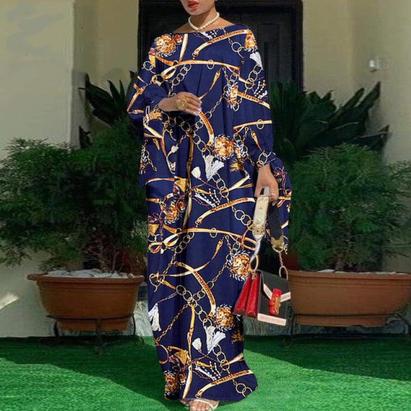 Plus Size Long Sleeve Printed Evening Dress