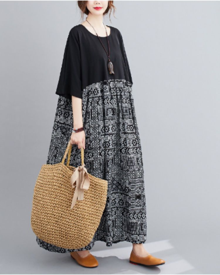 Color block Cotton Linen Short Sleeve Dress Plus Size