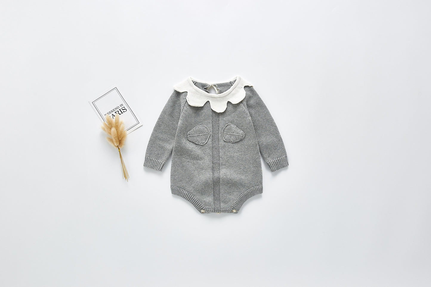 Leaf Collar Knit Long Sleeve Jumpsuit for Baby Girls