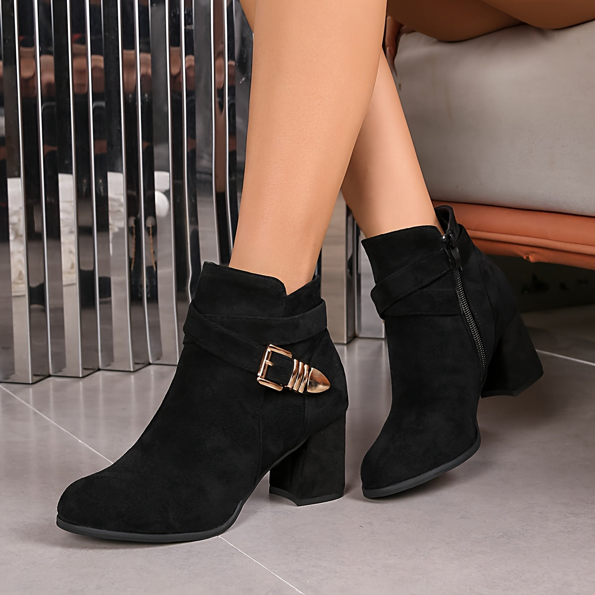 Short Ankle Boots with Chunky Heel, Pointed Toe, and Side Zipper Boots