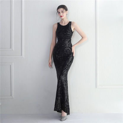 Long Sequin Evening Dress with Backless Design