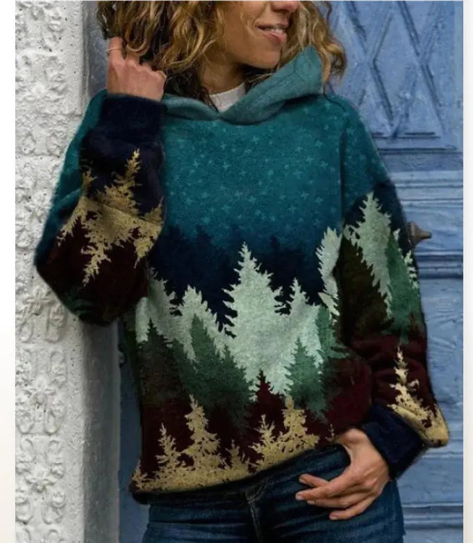 Hooded Long Sleeve Casual Digital Print Sweater for Women