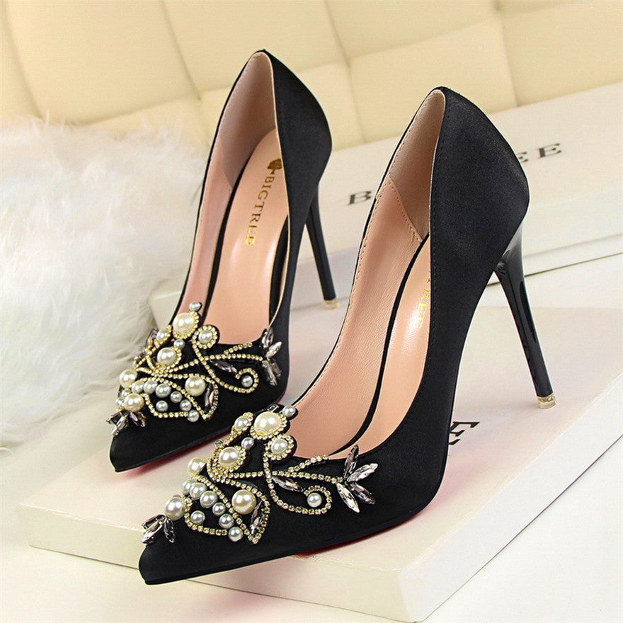 Elegant Satin Pointed-Toe High Heels with Pearls