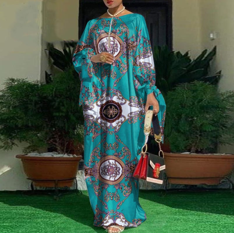 Plus Size Long Sleeve Printed Evening Dress