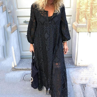 Lace-Trimmed Long Sleeve Dress