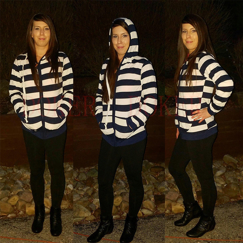 Plus Size Striped Long Sleeve Hoodie Cardigan for Women