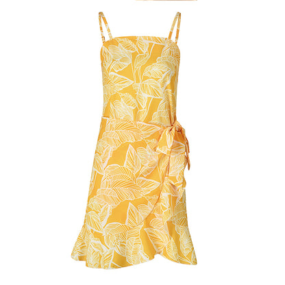 Leaf Print Cami Chiffon Dress - Irregular Short Skirt