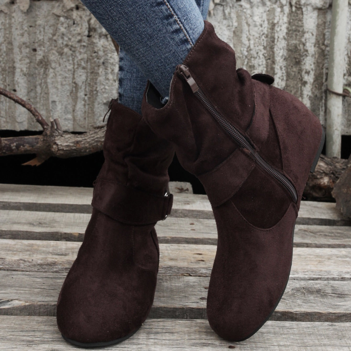 Ankle Boots  Round Toe Buckle Belt Side Zipper Boots