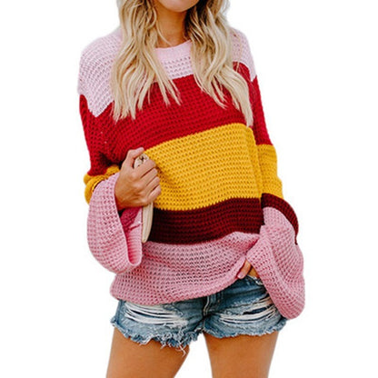 Plus Size Casual Striped Sweater with Round Neck