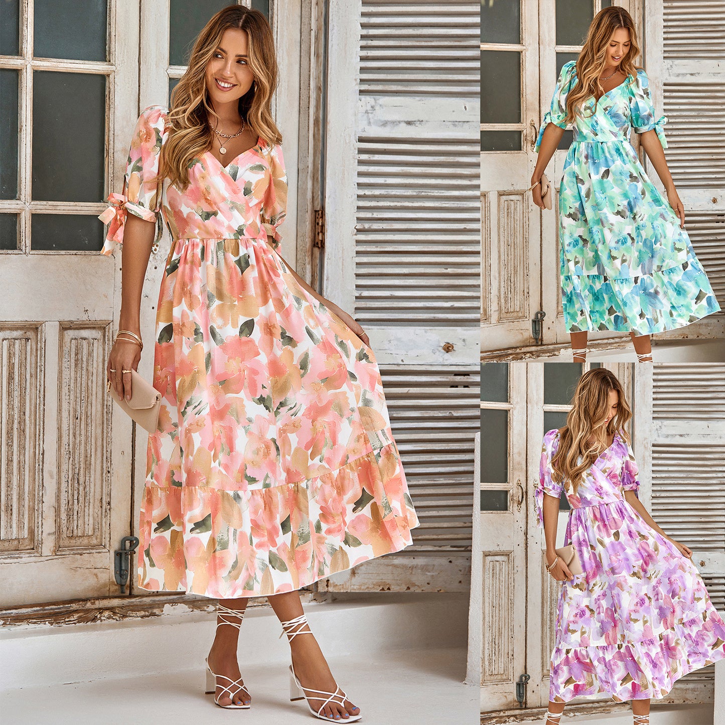 Women's Floral V-Neck Long Dress