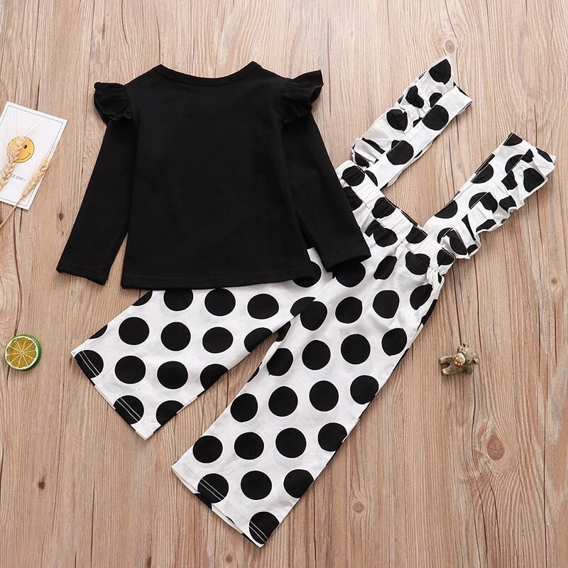 Black Long Sleeve Top and Dotted Pants Set for Girls