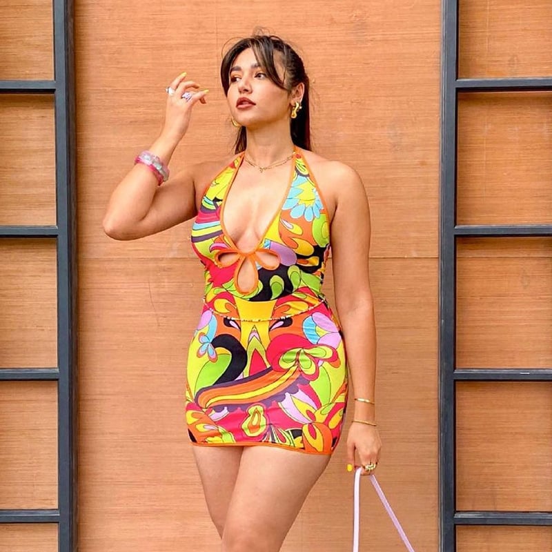 Printed Deep V-neck Sleeveless Halterneck Dress