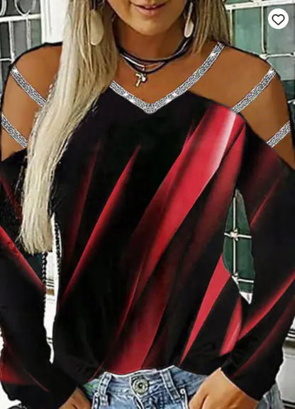 V-Neck Printed Long Sleeve Casual Top for Women