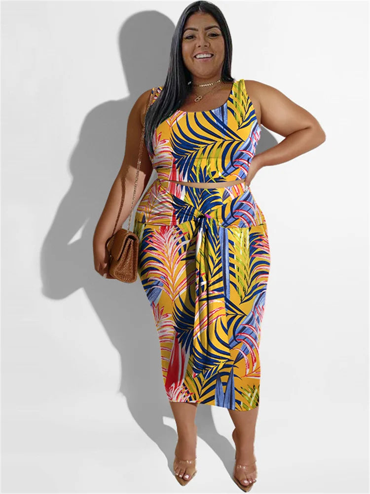 Plus Size Dress Sets Floral Printed Two Piece Set Crop Top