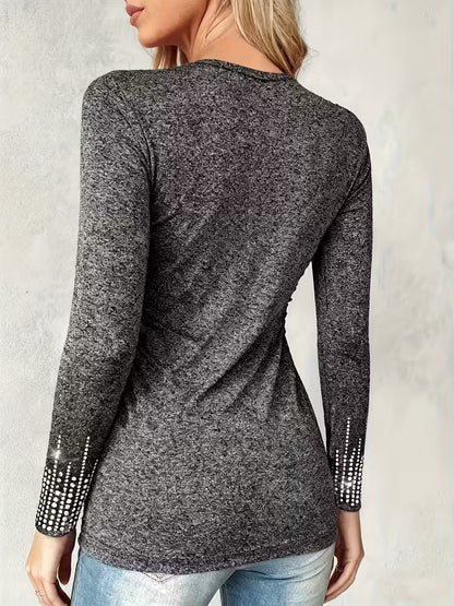 Plus Size Women's Casual Long Sleeve Top with Rhinestone Design