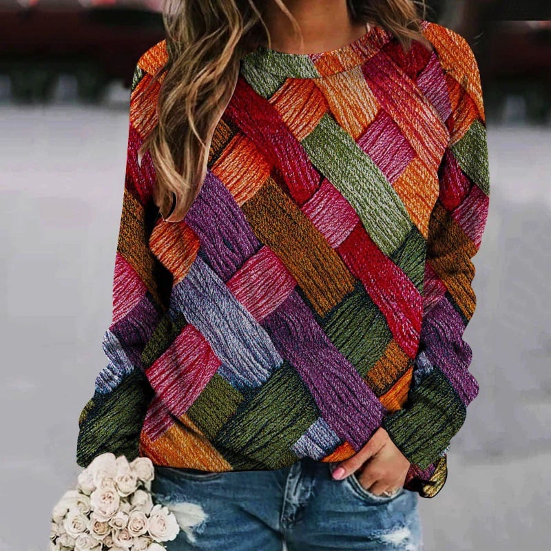 Printed Patchwork Round Neck Women's Long Sleeve Sweater