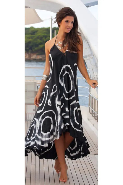 Deep V-Neck Floral Print Asymmetrical Maxi Dress