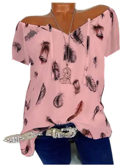 Loose Fit V-Neck Short Sleeve Feather Print Shirt