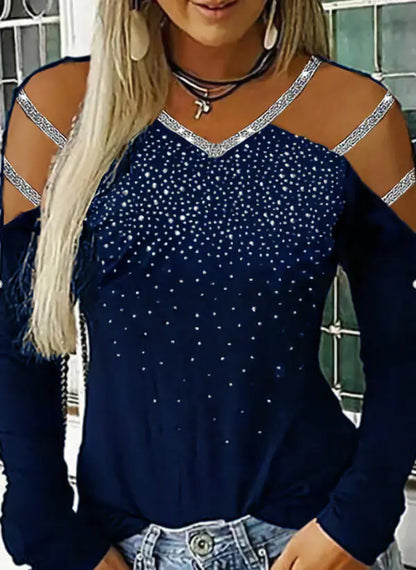Multicolor Women's Long Sleeve V-Neck Rhinestone Top