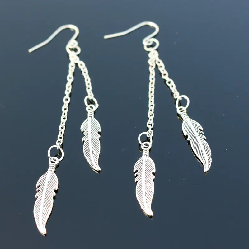 Trendy Leaf Earrings with Tassel Chain and Feathers