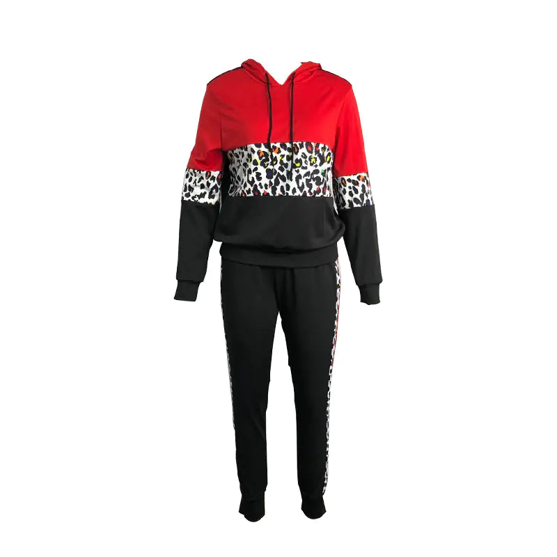 Plus Size Leopard Long Sleeve Hooded Tracksuit Set