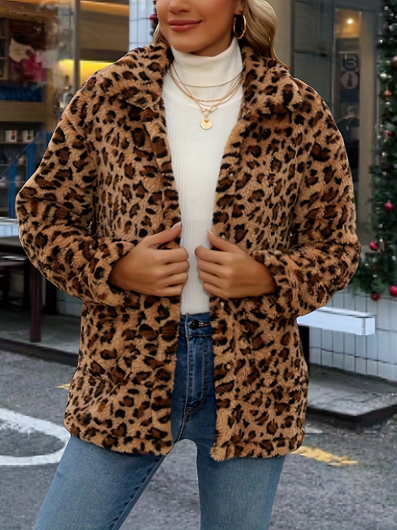 Leopard Print Coat Women's Plus Size Leopard Print Long Sleeve Coat
