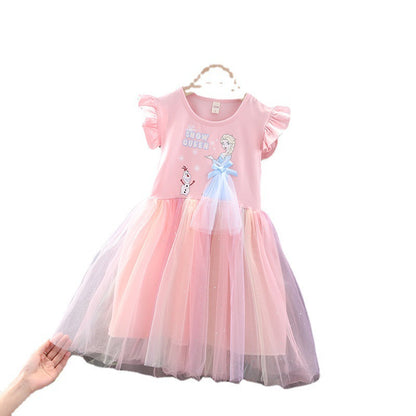 Girls' Summer Frozen Dress with Puff Skirt and Sleeves