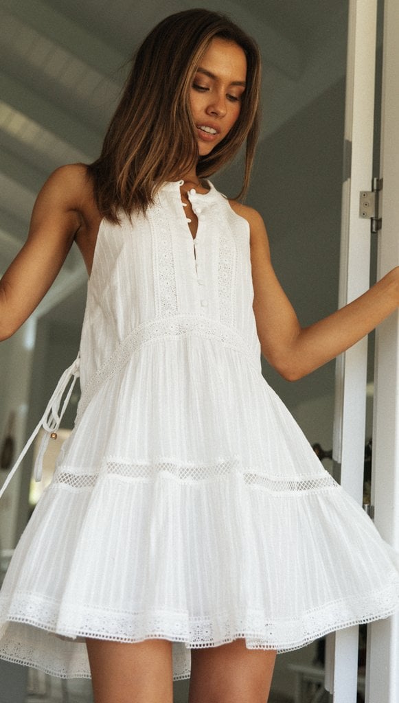 Lace-paneled Stand-collar Button-up Dress