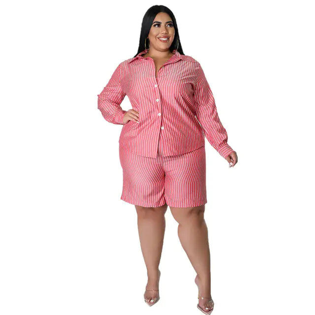 Plus Size Summer Two Piece Set for Women - Striped Shirt