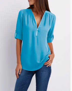 Plus Size V-Neck Long Sleeve Zip Chiffon Shirt