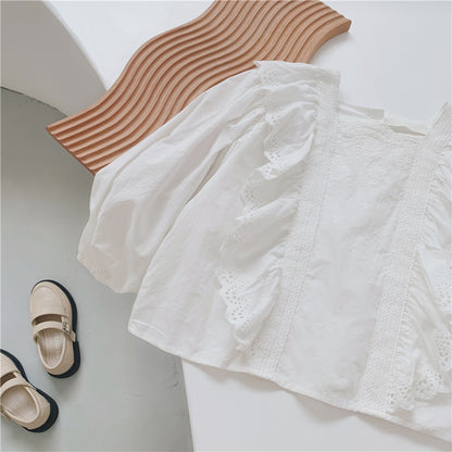 Long Sleeve Lace Top, Puff Sleeve Autumn Blouse for Girls