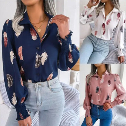 Women's Autumn Winter Feather Print Blouse Shirt
