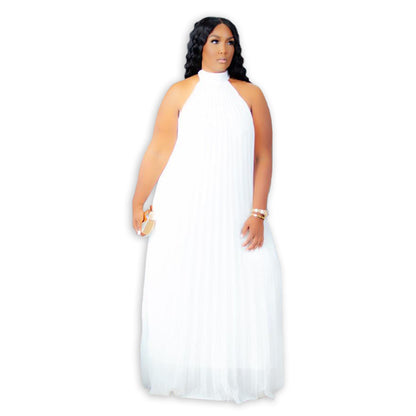 Plus Size Sleeveless Pleated Polyester Dress with Lining