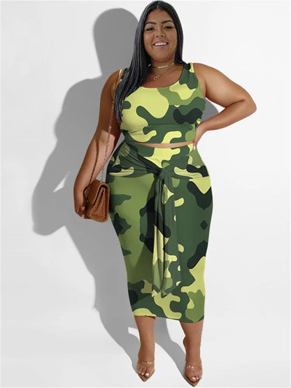 Plus Size Dress Sets Floral Printed Two Piece Set Crop Top