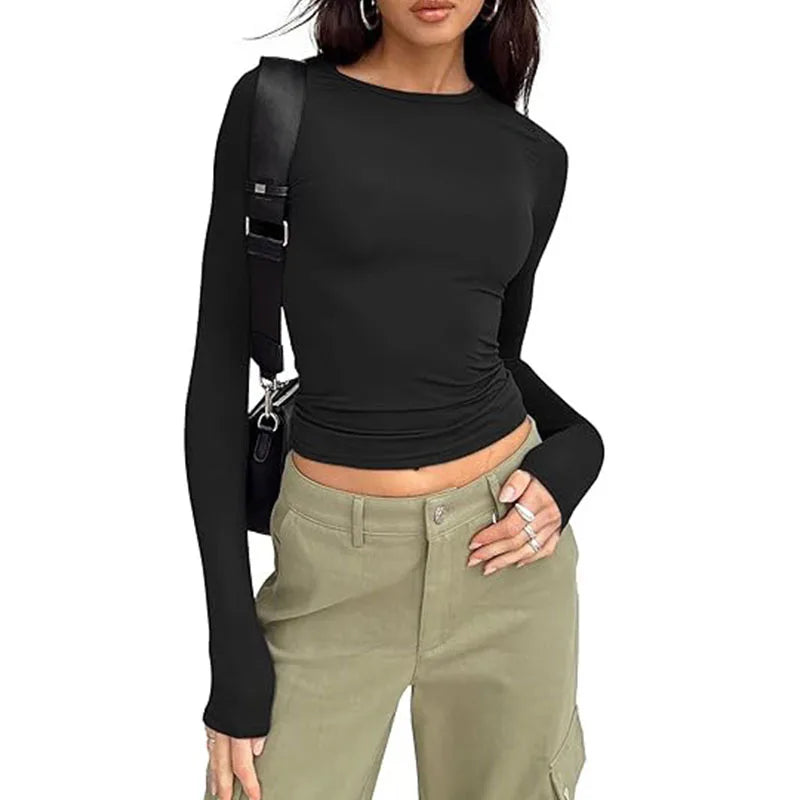 Women T-shirt Long Sleeve Crew Neck Solid Slim Fit Tee  Crop Top