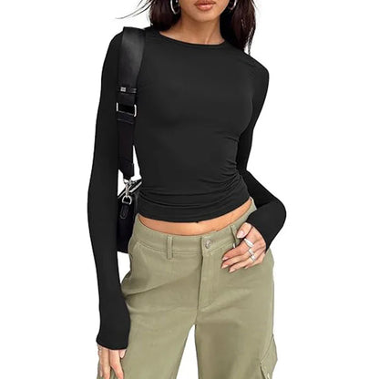 Women T-shirt Long Sleeve Crew Neck Solid Slim Fit Tee  Crop Top