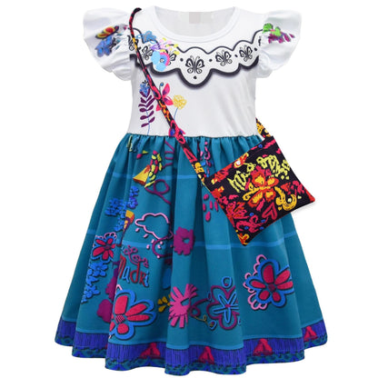 Encanto Style Girls Dress with Flutter Sleeves and Bag