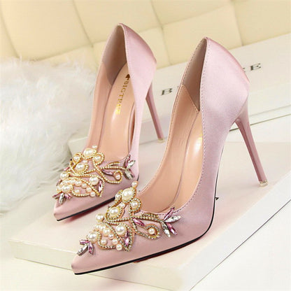 Elegant Satin Pointed-Toe High Heels with Pearls