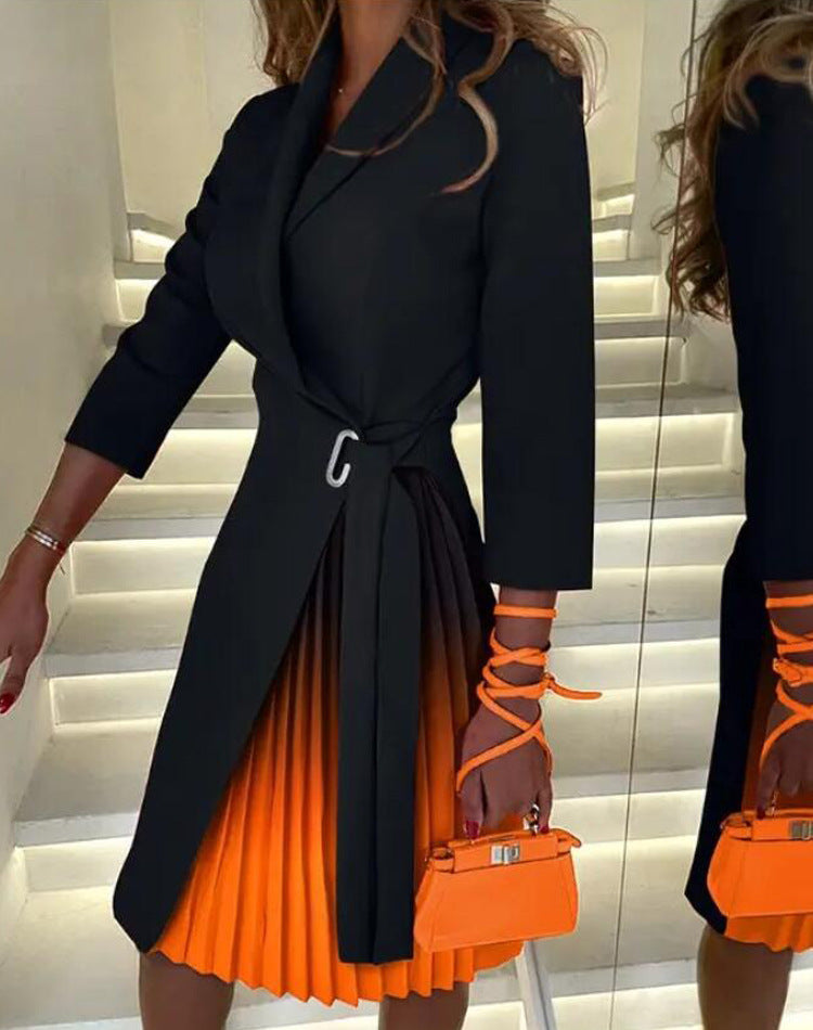 New Fashion V-Neck Gradient Pleated Dress with Ties