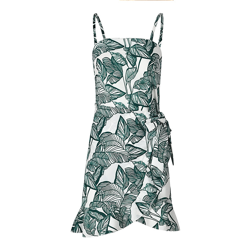 Leaf Print Cami Chiffon Dress - Irregular Short Skirt