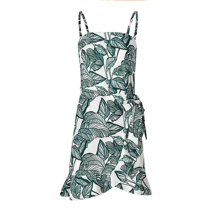 Leaf Print Cami Chiffon Dress - Irregular Short Skirt