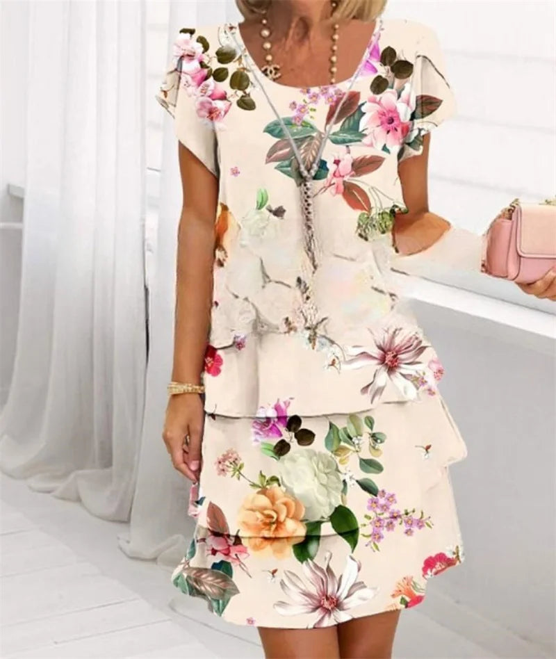 Chiffon Summer Short Sleeve O-Neck Print Loose Party Dresses