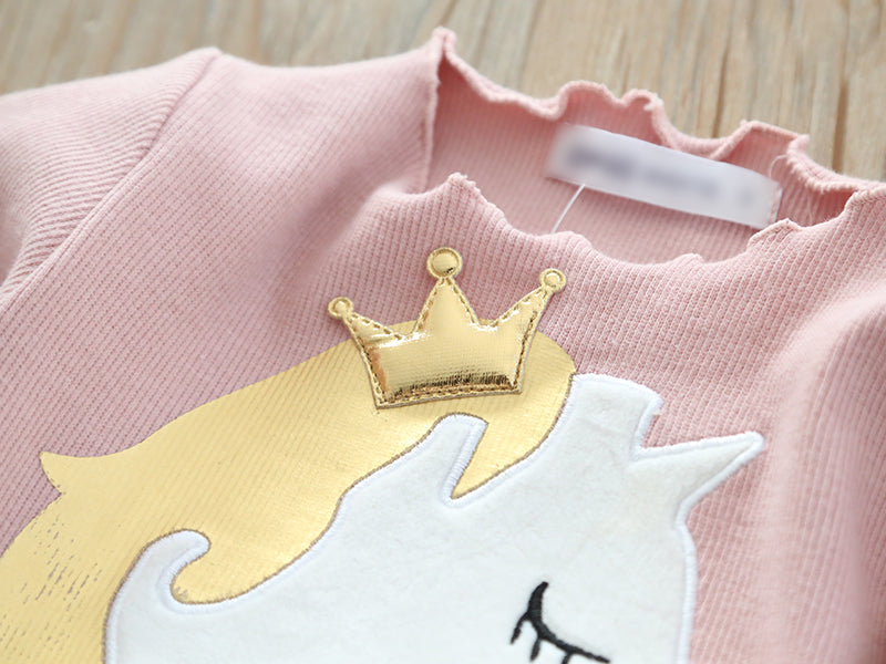 Girl's Long Sleeve Dress with Crown & Unicorn Design