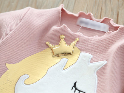 Girl's Long Sleeve Dress with Crown & Unicorn Design
