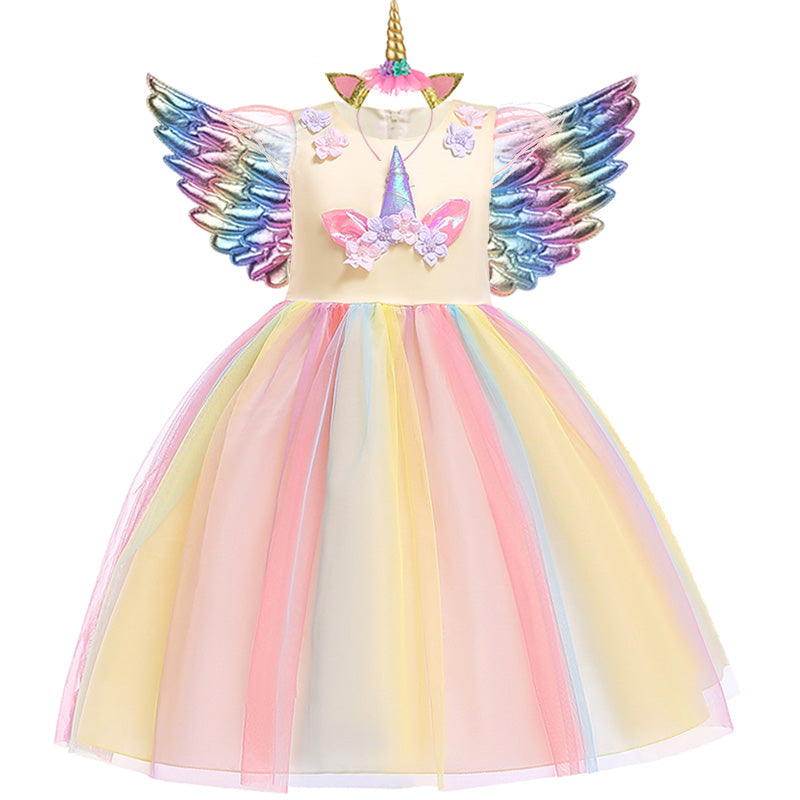 Unicorn Ruffle Sleeve Rainbow Dress for Girls