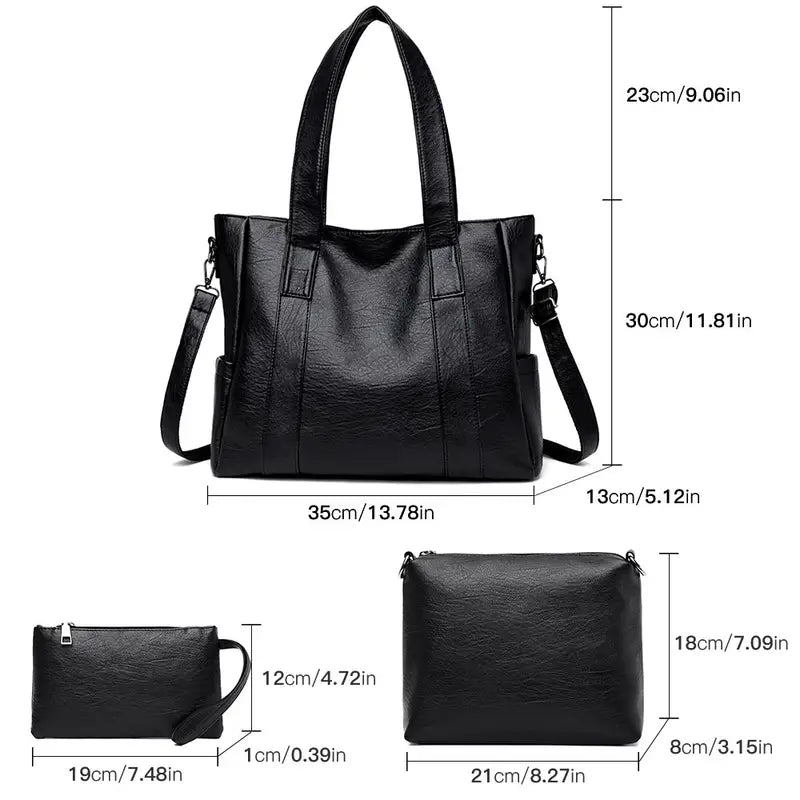 Classic Solid Color Faux Leather Bag Set (Large Capacity)
