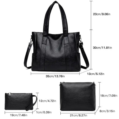 Classic Solid Color Faux Leather Bag Set (Large Capacity)
