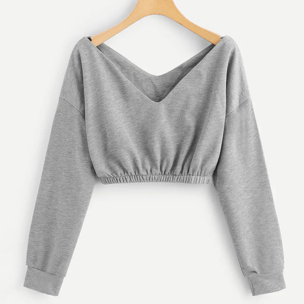 Deep V-Neck Long Sleeve Cropped Sweatshirt Top