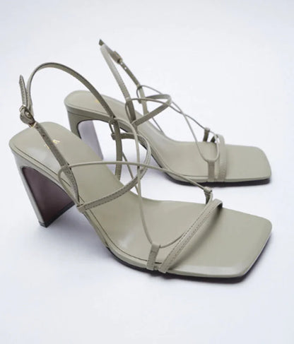 Fashionable Leather High-Heeled Sandals with Thick Heel