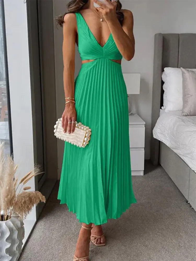 Pleated V-Neck Hollow Waist Long Dress